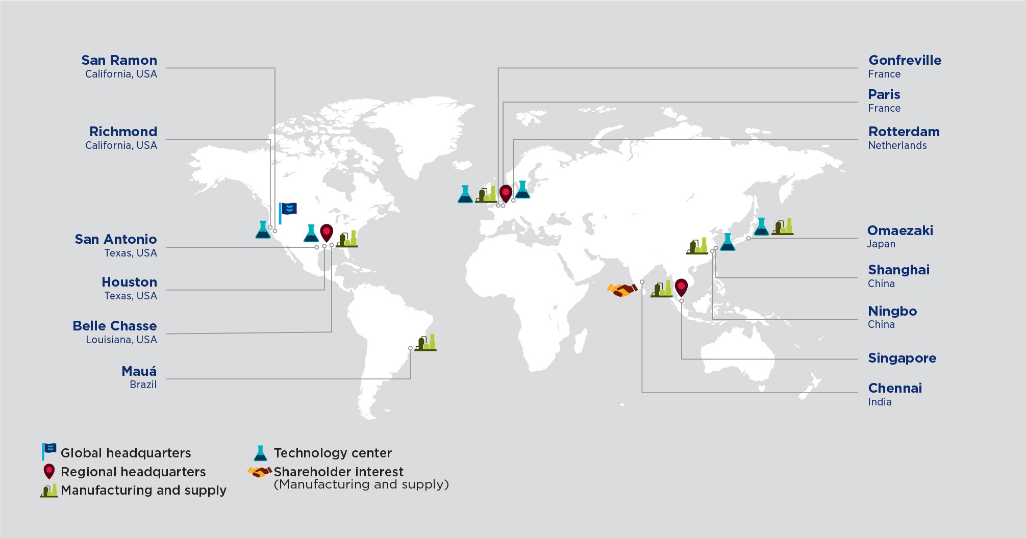 Map showing the locations of chevron oronite's global operations