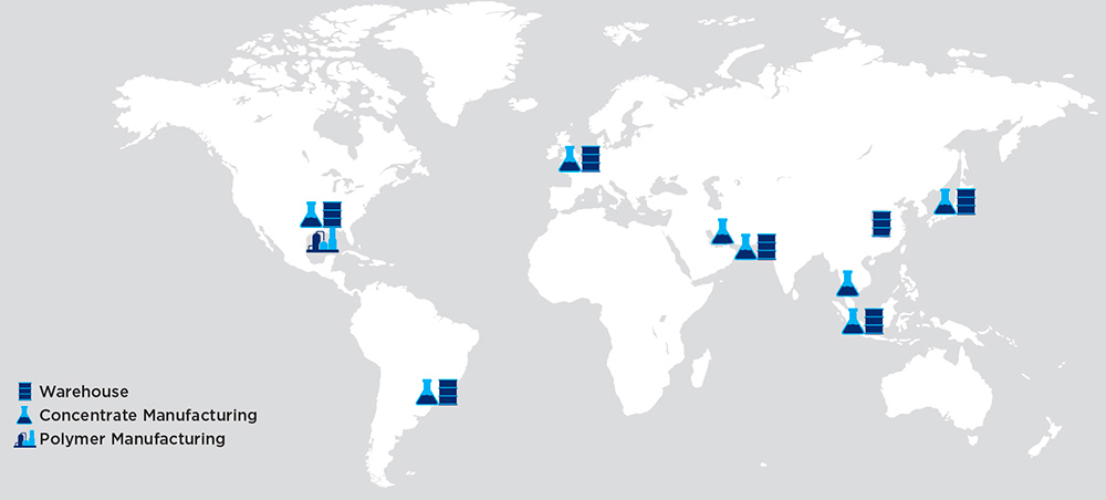 Map showing where Chevron Oronite manufactures viscosity modifiers across the globe.