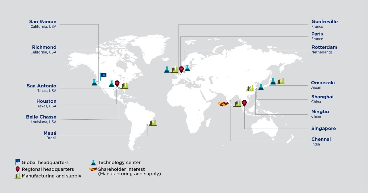 Map showing the locations of chevron oronite's global operations