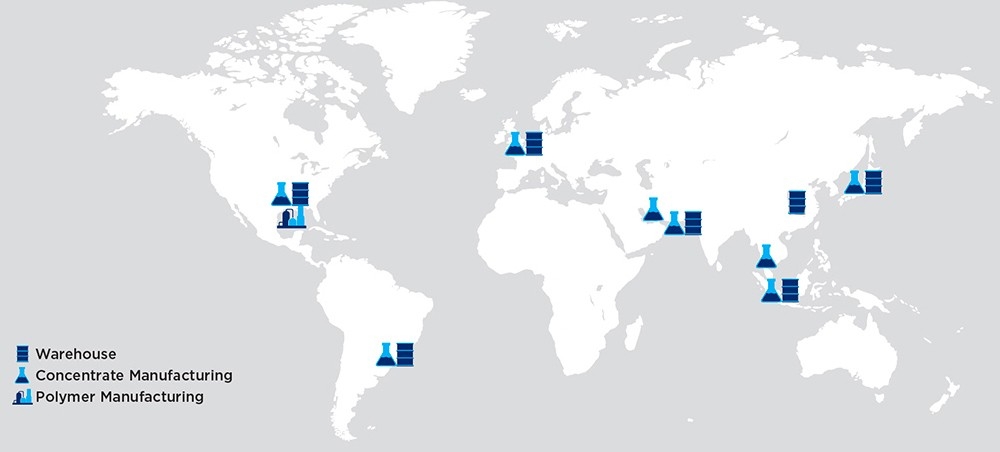 Map showing where Chevron Oronite manufactures viscosity modifiers across the globe.